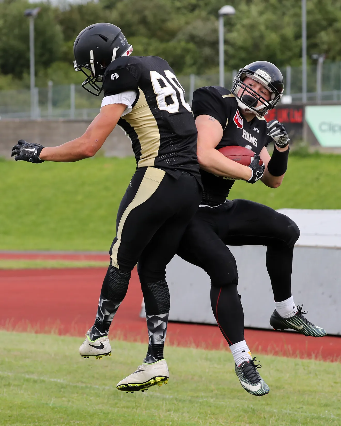 Winrow and Christian Davies celebrate another Rams touchdown